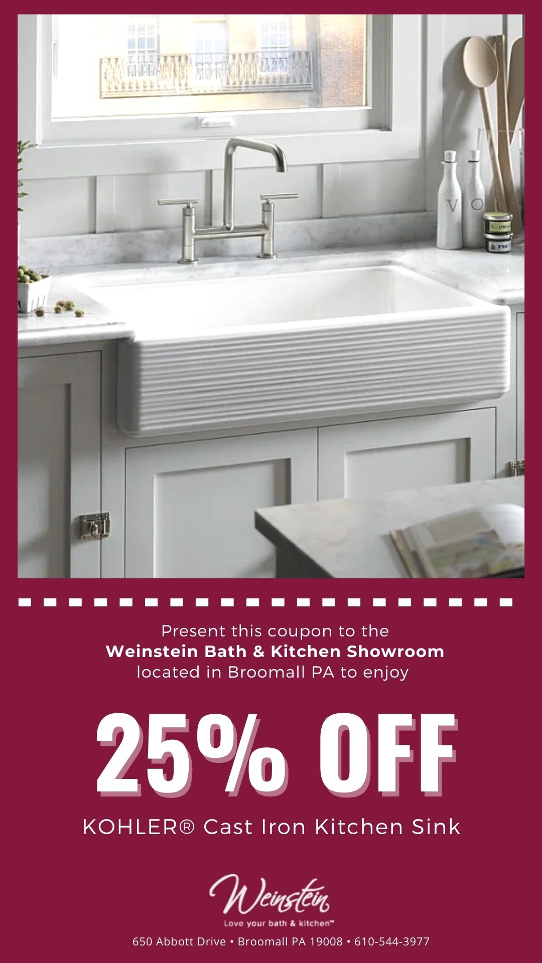 Kohler cast iron sink coupon Weinstein Broomall PA