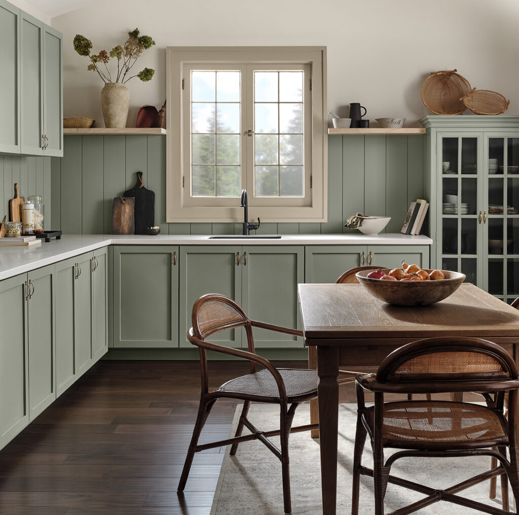 Kitchen in Sherwin Williams Evergreen Fog  paint | top paint colors of 2023 | Weinstein Broomall